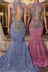 Chic Halter Sleeveless Mermaid Semi Formal Prom Dresses With Beading